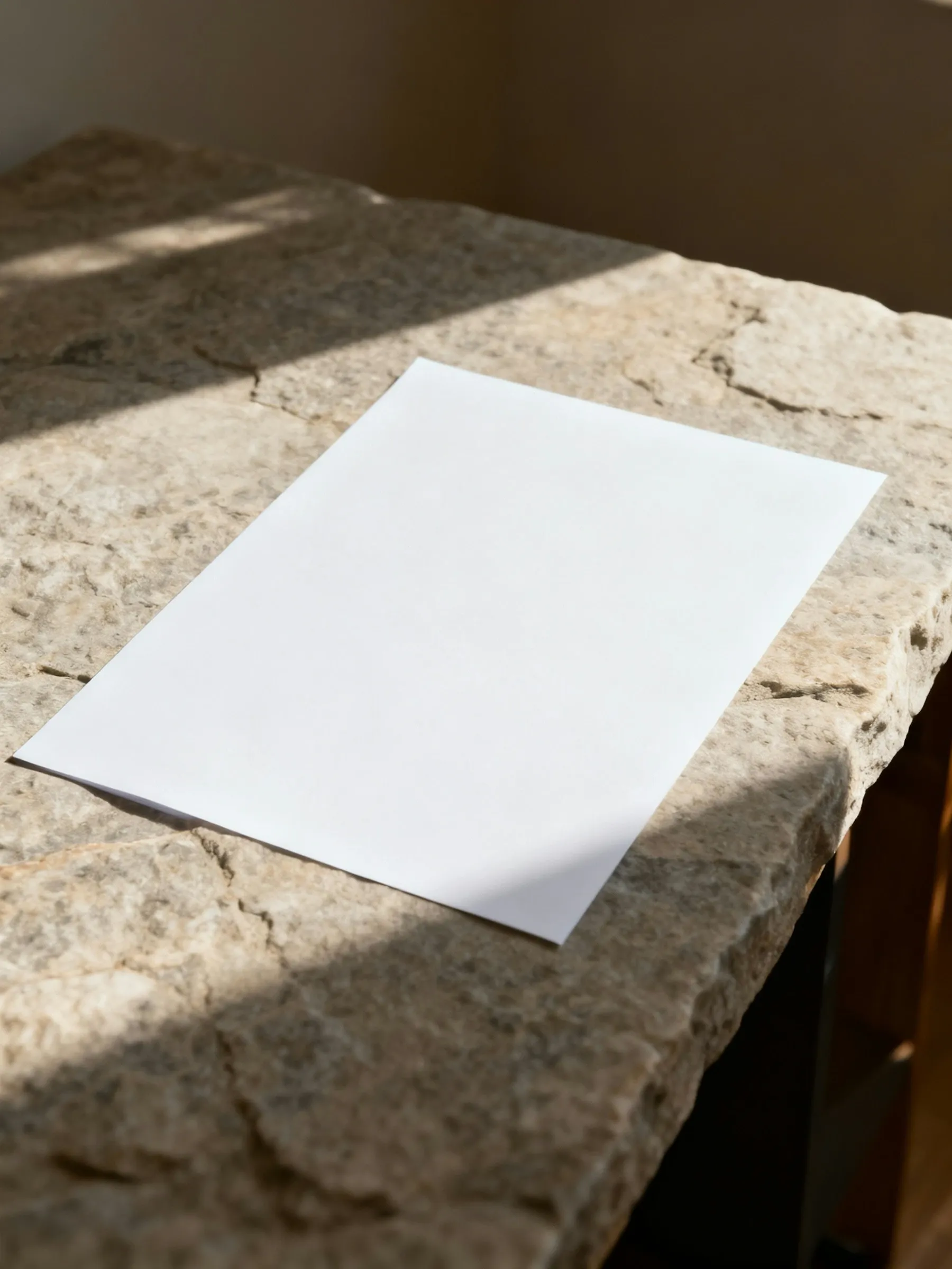 A blank white sheet of paper lying on a rough stone slab, crossed by bands of hard sunlight