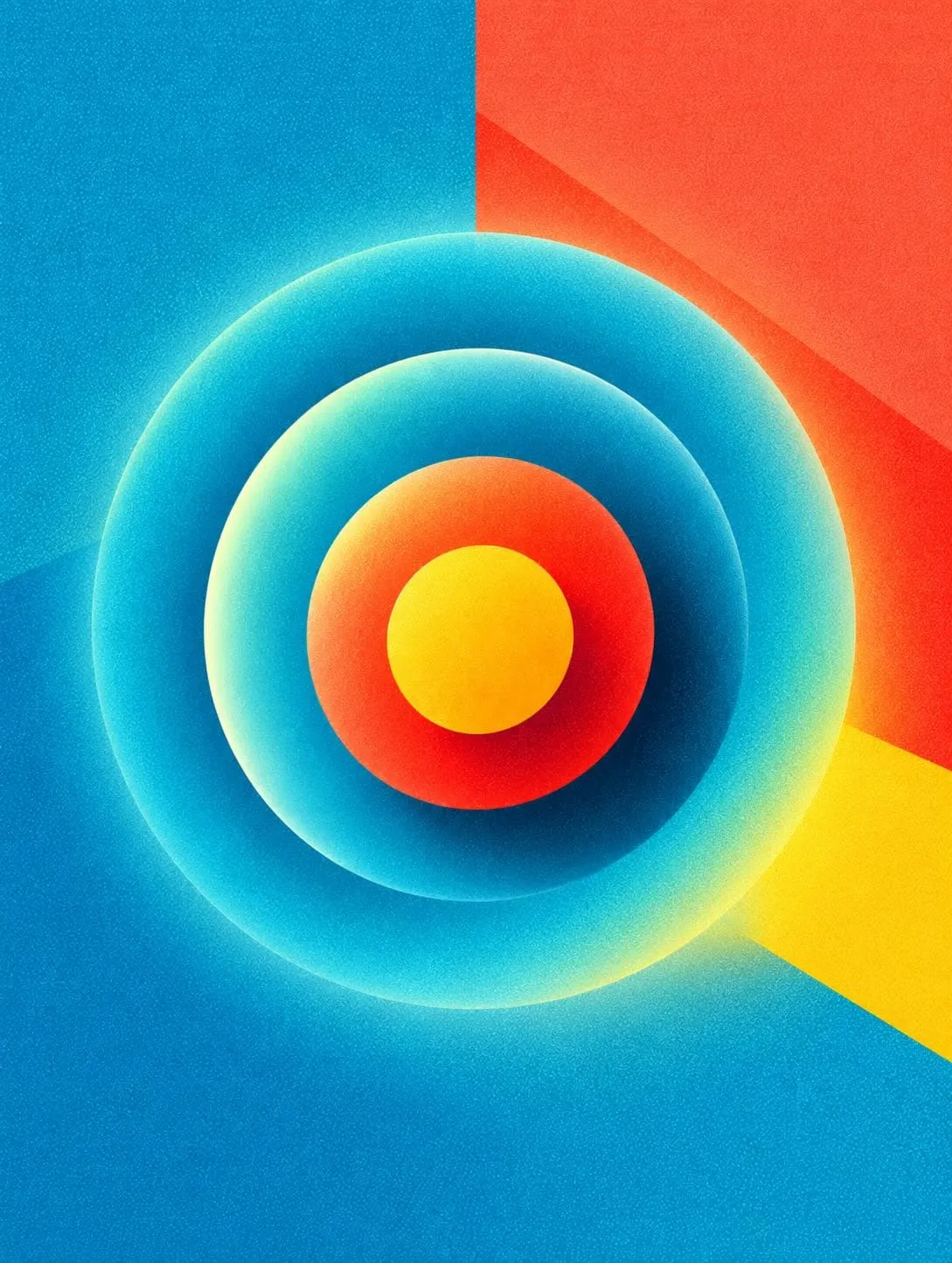Three stacked cubes in orange, teal and red against a coral wall and a navy floor
