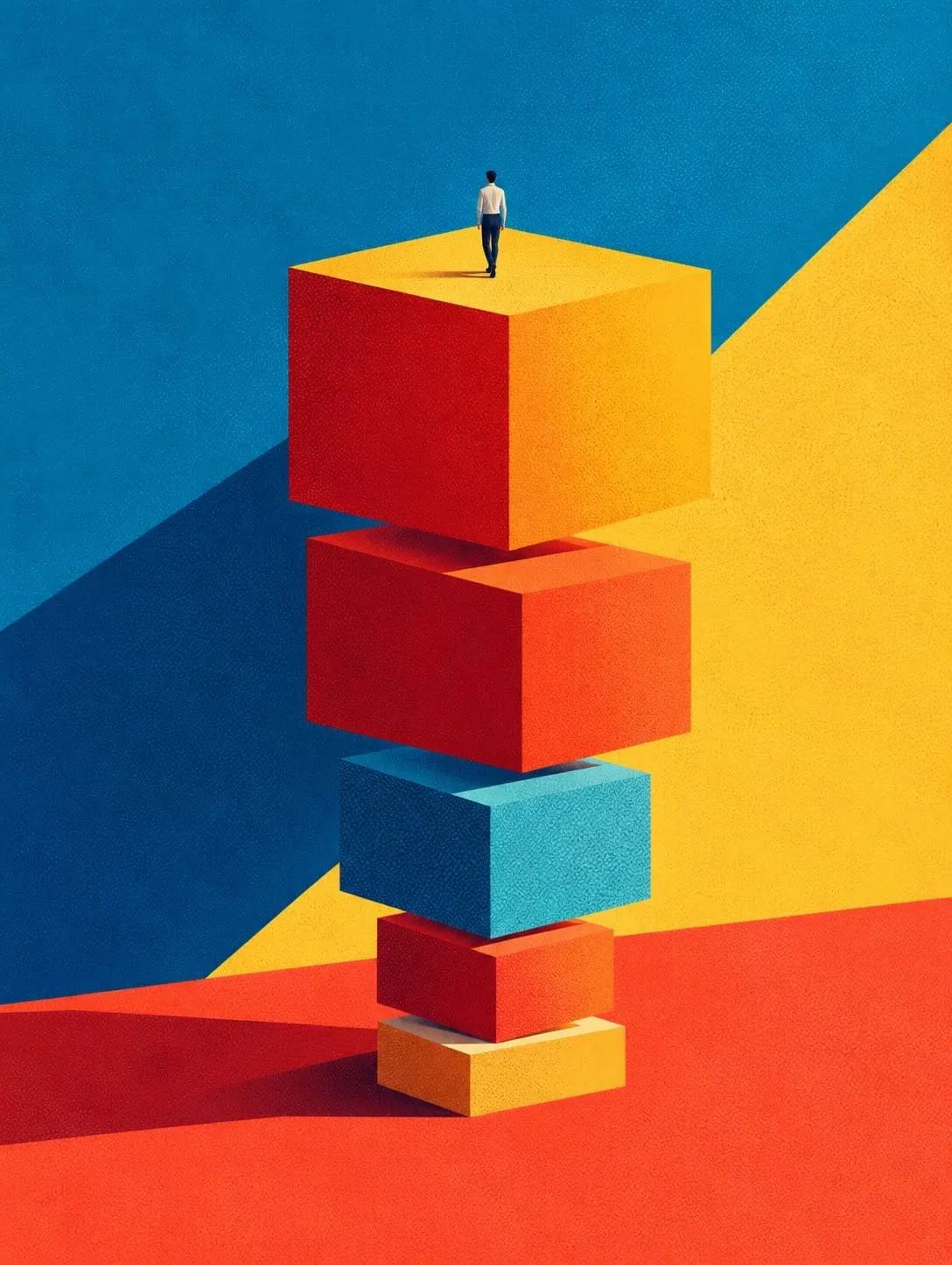 A two-scoop ice cream cone against pink, blue and yellow color blocks